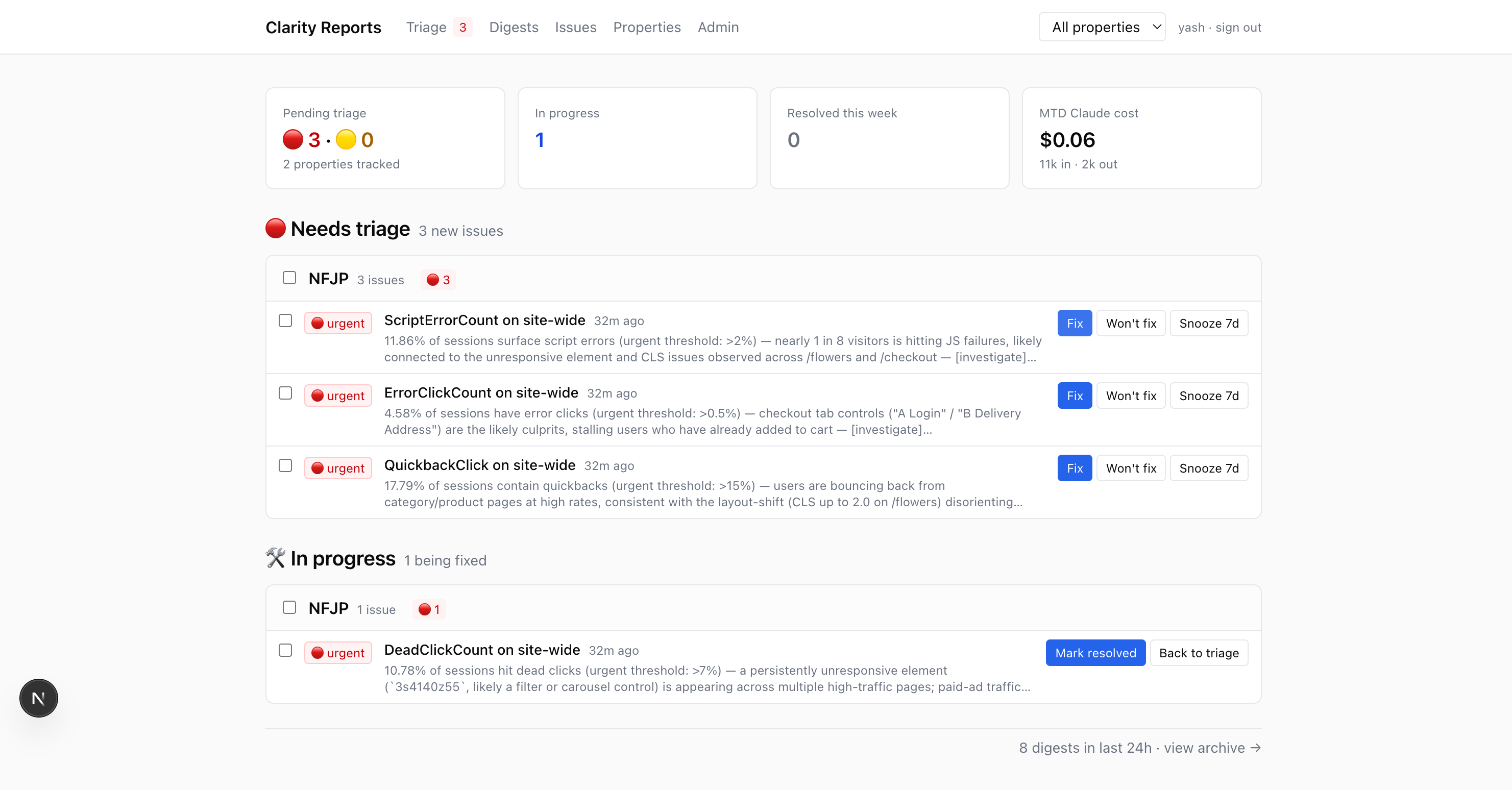 Triage page with In progress section showing one issue being fixed