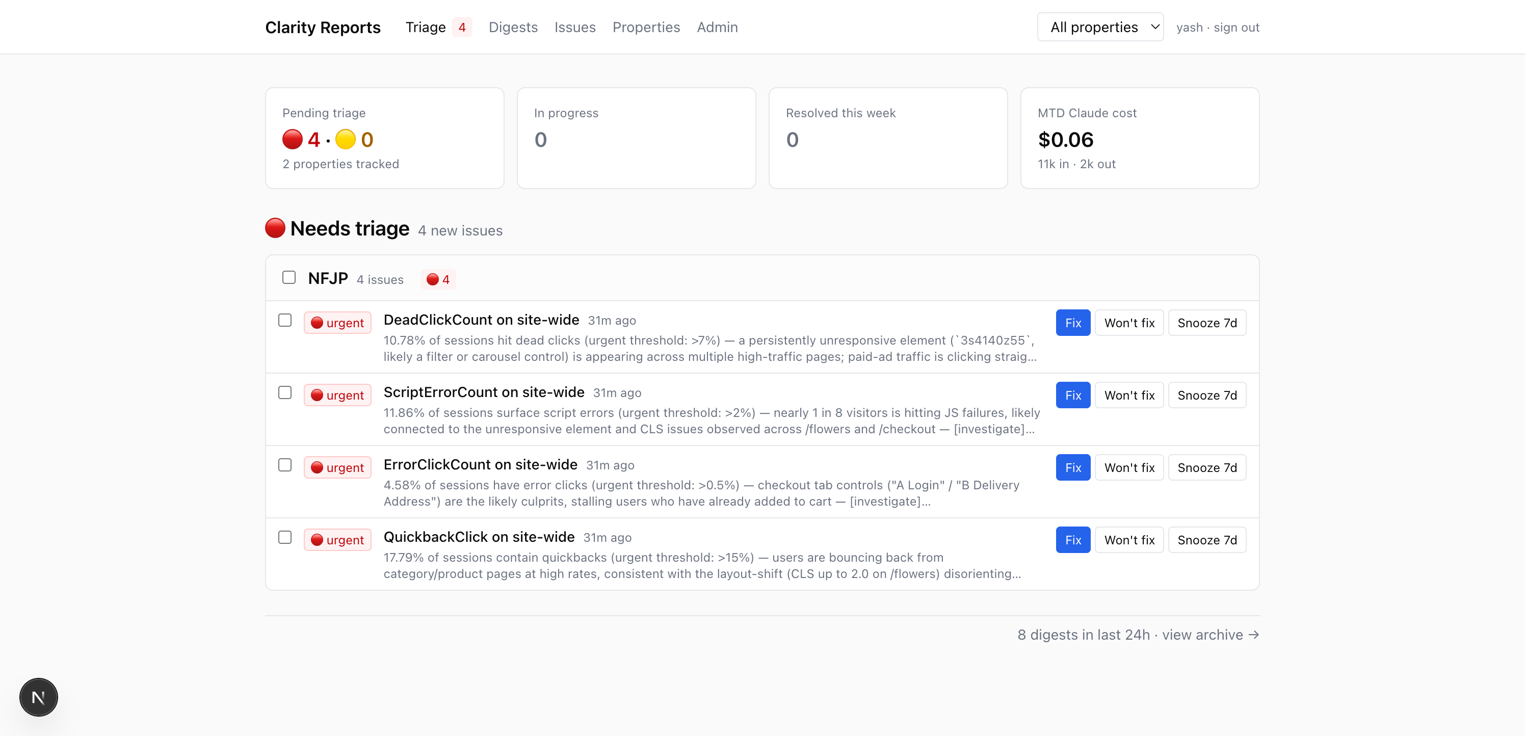 Digests archive showing daily reports per group