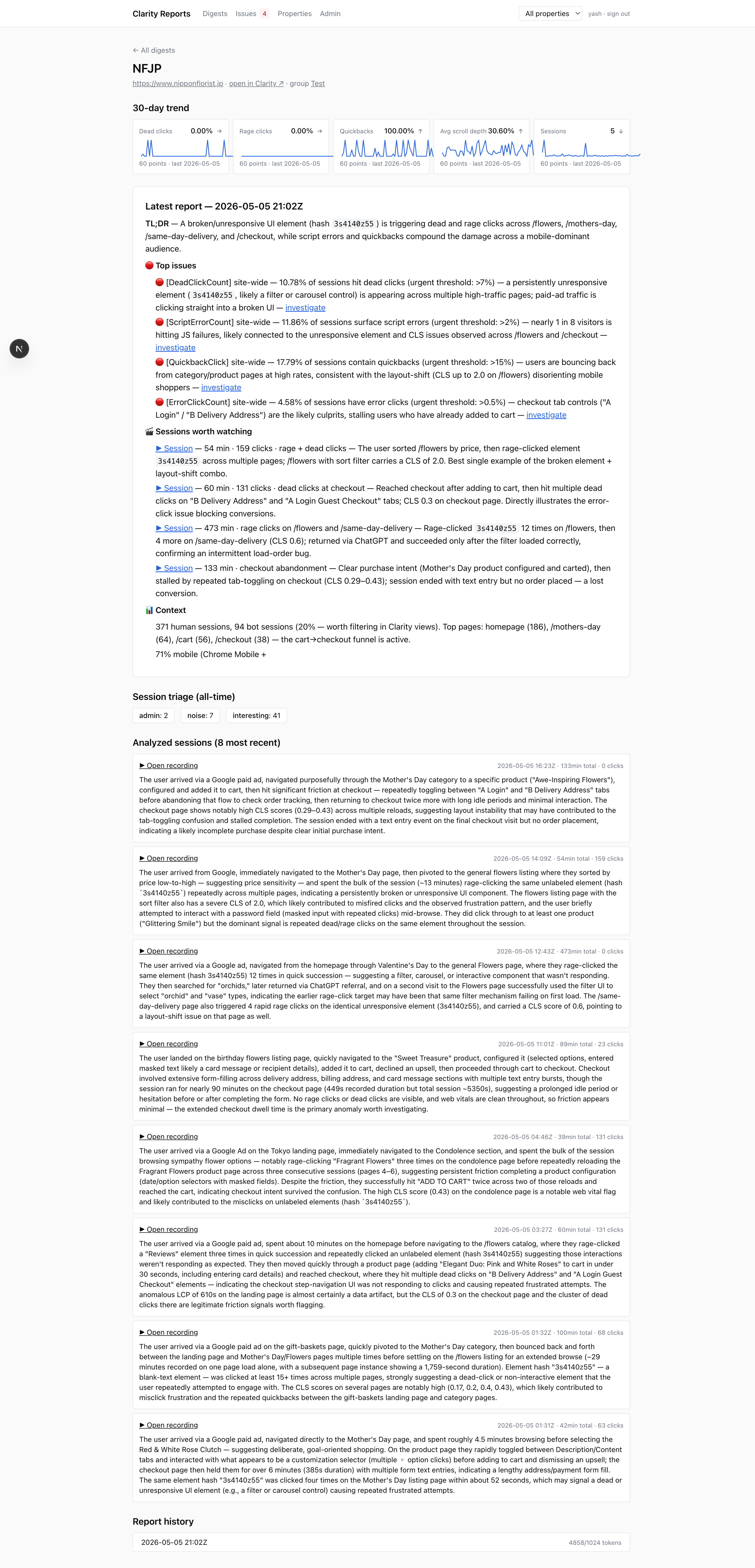 Property detail page with sparklines, session triage, analyzed sessions, and latest report